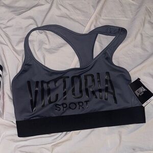 NWT Victoria Sport Women's Sports Bra Gray Black Wireless Racerback Sz Large